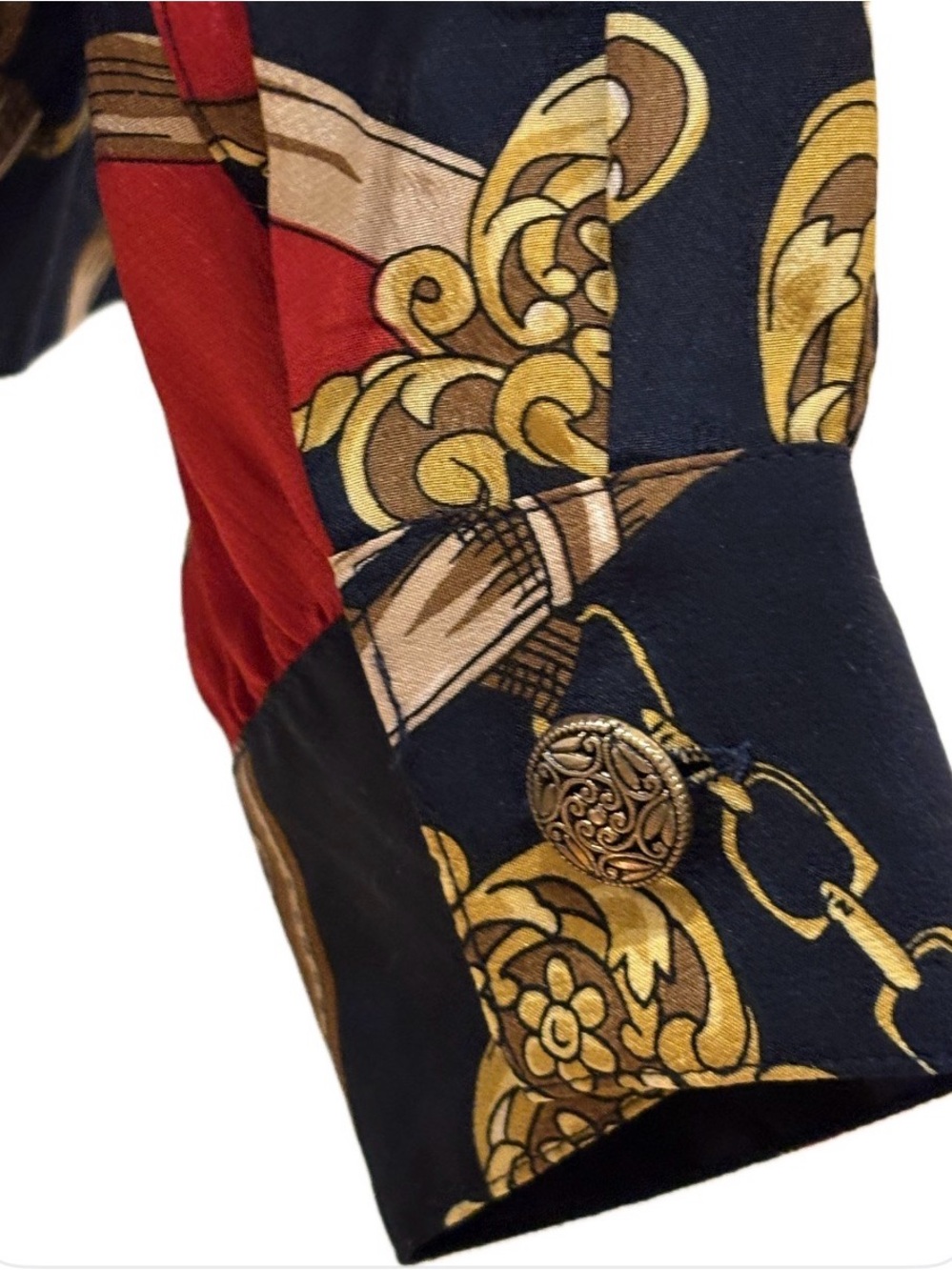 Stephanie Andrews Vintage 100% Silk Red/Black/Gold Button Up Blouse S - Picture 6 of 7